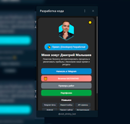 Скриншот WebApp «Визитка в Telegram» — мобильный интерфейс визитки на React в Telegram Mini App